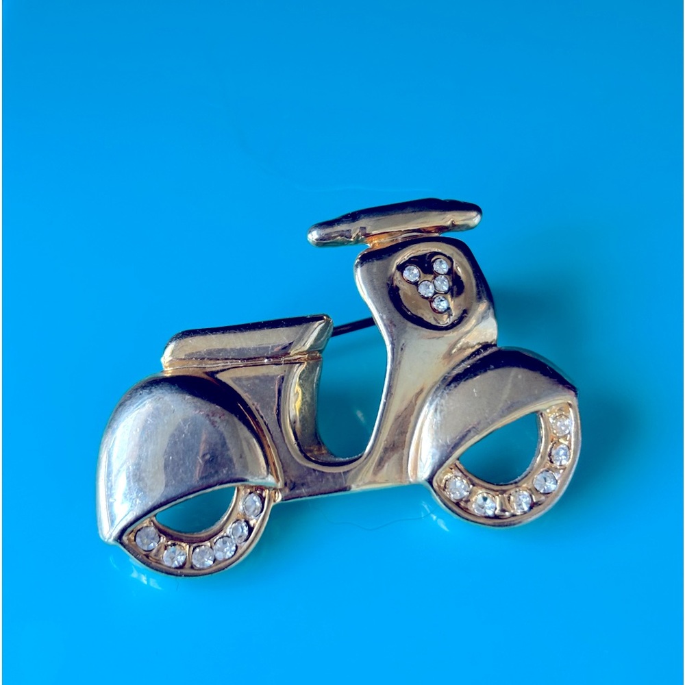 Vintage gold, silver and rhinestone scooter/Vespa pin.